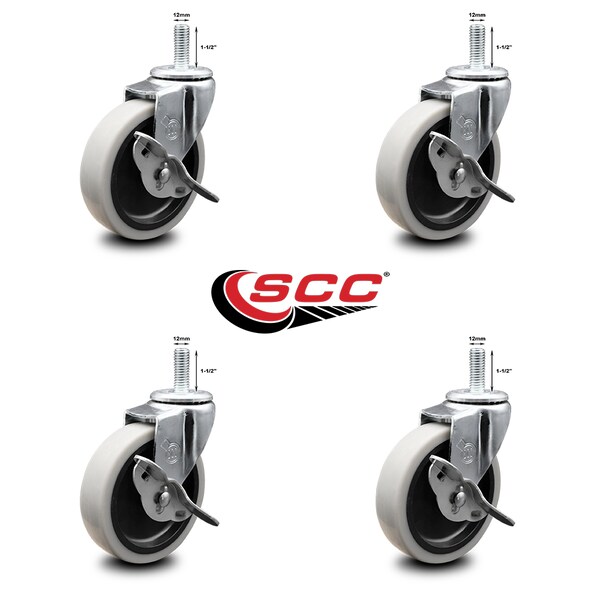 4 Inch Thermoplastic Wheel 12mm Threaded Stem Caster Set with Brakes SCC, 4PK